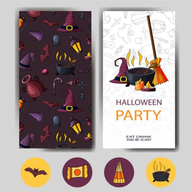 Vektör mutlu Cadılar Bayramı kartı. Tatil poster için tasarım. Parti Davetiyesi şablonu