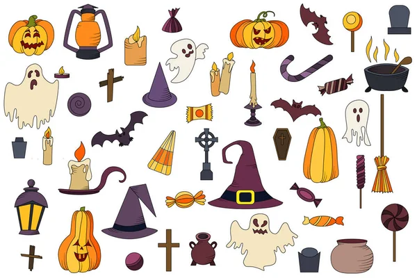 Vector goast, pumpkin, hat icons. Set of hallowen elements. Spooky illustration. — Stock Vector