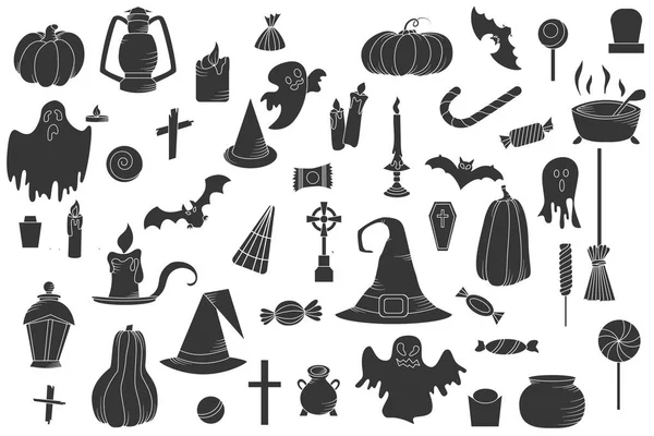 Set of hallowen elements. Vector goast, pumpkin, hat icons. Spooky illustration. — Stock Vector