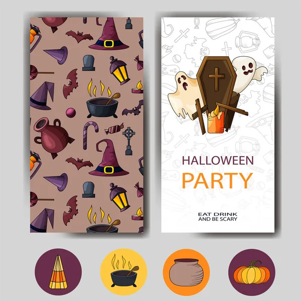 Happy Halloween poster design. Vector template with cartoon style symbols. Party invitation — Stock Vector