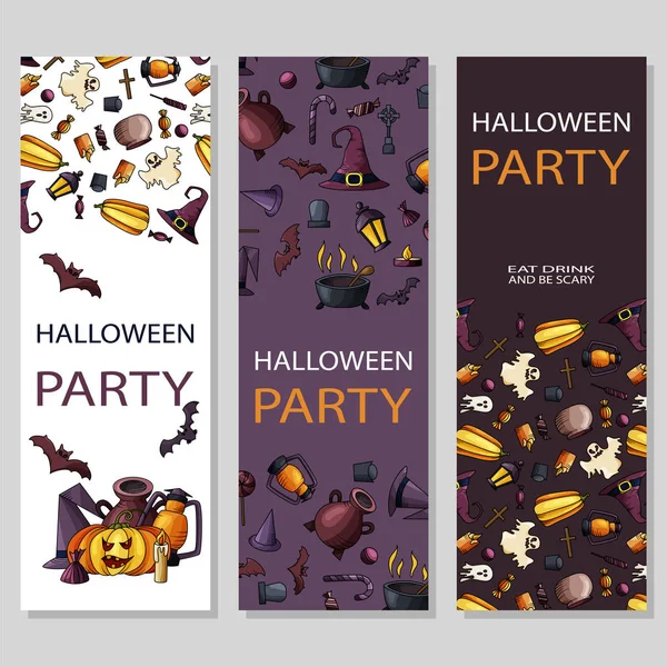 Happy Halloween poster design. Vector template with cartoon style symbols. Party invitation — Stock Vector