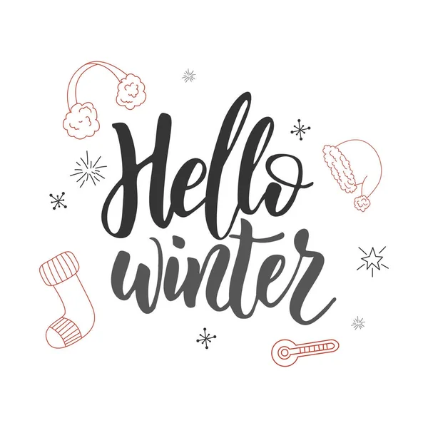 Hallo Winter. Handschrift Schriftzug für Grußkarte. Vektor-Design für Logo, Emblem, Banner — Stockvektor