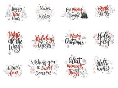 Yılbaşı tebrik kartları kümesi. Elle çizilmiş tasarım öğeleri. Vektör hat tasarımı