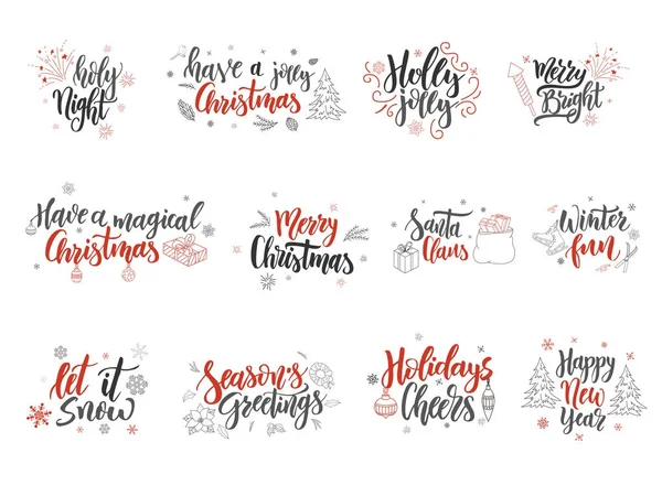 Conjunto de tarjetas de felicitación navideñas. Elementos de diseño dibujado a mano. Diseño de caligrafía vectorial — Vector de stock