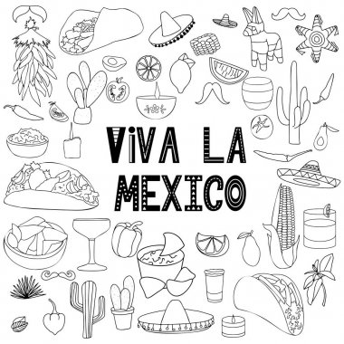 Elle çizilmiş geleneksel semboller. Meksika hakkında tasarım öğeleri. Vektör resim küçük resim.