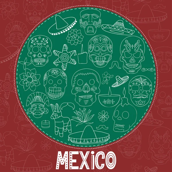 Símbolos tradicionales dibujados a mano Elementos de diseño sobre México. Vector ilustración clip art . — Vector de stock