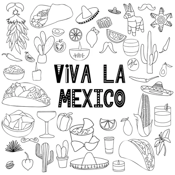 Símbolos tradicionales dibujados a mano Elementos de diseño sobre México. Vector ilustración clip art . — Archivo Imágenes Vectoriales
