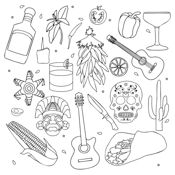 İzole renkli şık öğeleri Meksika hakkında. El koleksiyonu Cinco de Mayo kutlaması için çekilmiş. Vektör çizim ve tasarım.