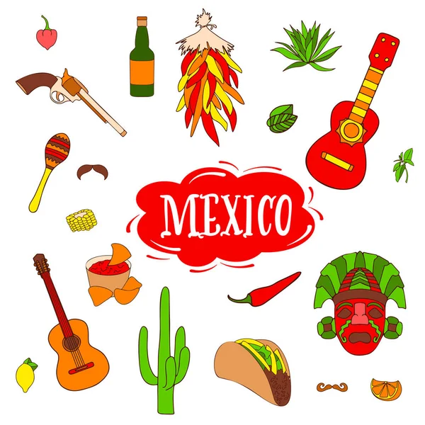 Isolados elementos elegantes coloridos sobre o México. Coleção desenhada à mão para a celebração Cinco de Mayo. Ilustração e desenho do vetor . — Vetor de Stock