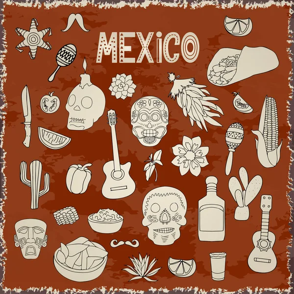 Símbolos tradicionales dibujados a mano Elementos de diseño sobre México. Vector ilustración clip art . — Vector de stock