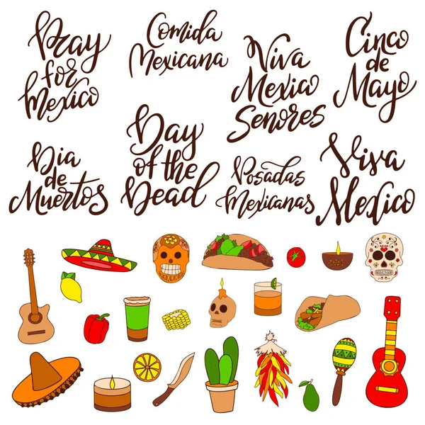 Símbolos tradicionais desenhados à mão. Elementos de design sobre o México. Vetor ilustração clip art . — Vetor de Stock