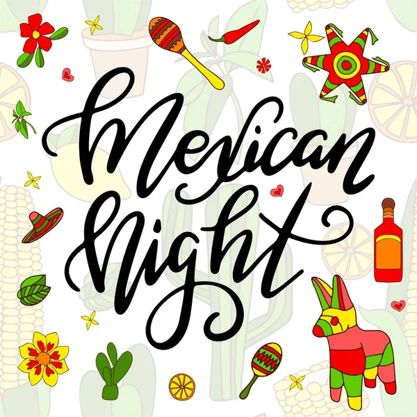 Tarjeta mexicana con letras brillantes. Texto de caligrafía moderna con elementos decorativos. Ilustración vectorial . — Archivo Imágenes Vectoriales