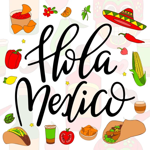 Tarjeta mexicana con letras brillantes. Texto de caligrafía moderna con elementos decorativos. Ilustración vectorial . — Archivo Imágenes Vectoriales