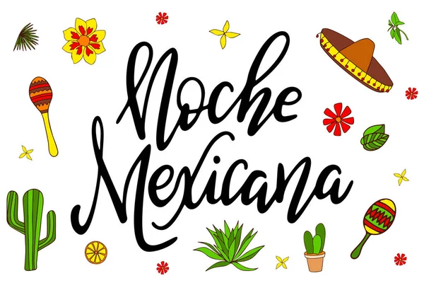 Cartão mexicano com letras brilhantes. Texto caligráfico moderno com elementos decorativos. Ilustração vetorial . — Vetor de Stock