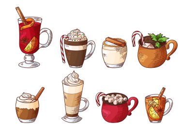 Sıcak kış içecekleri. El çizimi eskiz. Eggnog, latte, çikolata, içki, bicerin, elma şarabı. Noel vektör illüstrasyonu