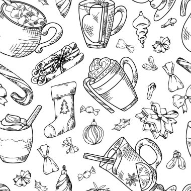 Elle çizilmiş sıcak içeceklerle kusursuz desen. Kış elementlerinin taslağını çiz. Tatil Yılbaşı vektör çizimi