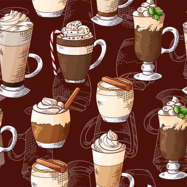 Kış kusursuz desen. Elinde sıcak içecekler olan bardaklar. Çizim vektör illüstrasyonu