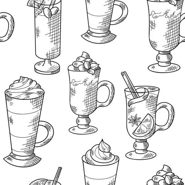 Bezproblémový vzor s ručně kreslenými horkými nápoji. Skicujte zimní prvky. Vánoční vektorová ilustrace — Stockový vektor