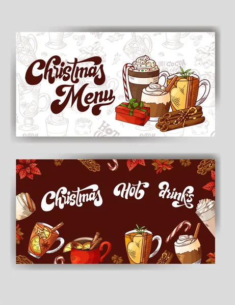 Banner de Navidad con bebidas calientes dibujadas a mano. Decoración de bocetos para su diseño. Cepille la caligrafía moderna. Ilustración vectorial — Vector de stock