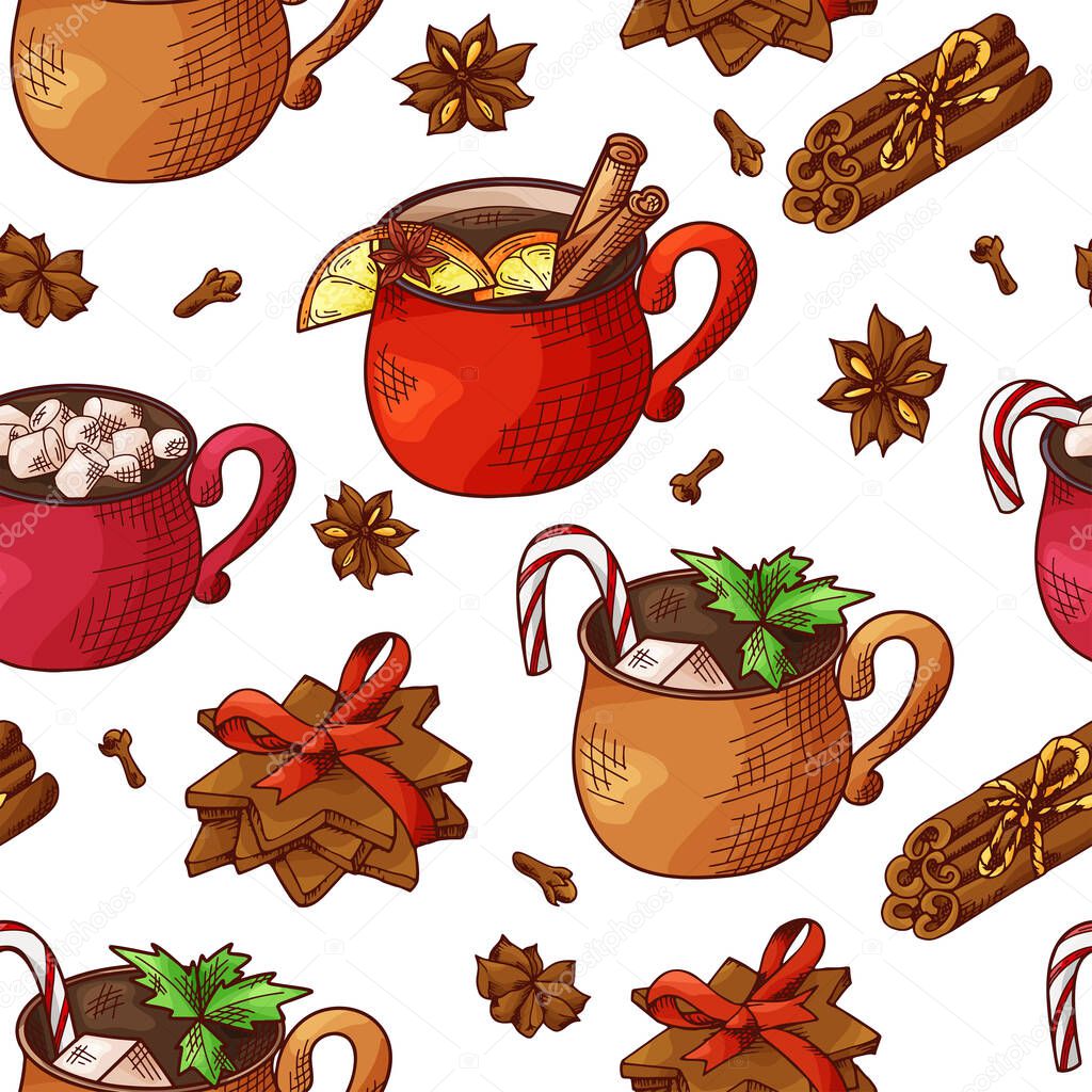Winter seamless pattern. Cups with hot drinks on hand drawn style. Sketch vector illustration