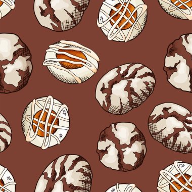 Doğal yiyecekler kusursuz desen. Beyaz arka planda eskiz tarzı kurabiyeler. Farklı tatlı ve pişmiş elementler. Vektör illüstrasyonu