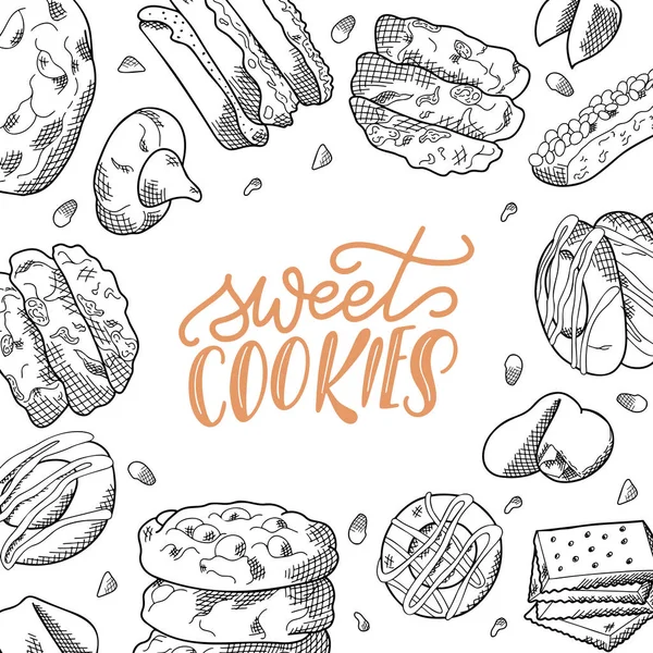 Sketch tinta desain grafis. Kue manis. Surat di poster dengan produk roti. Ilustrasi vektor - Stok Vektor