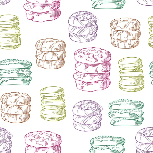 Cookie nahtloses Muster im handgezeichneten Stil. Backwaren für Ihren Hintergrund. Illustration des Nahrungsmittelvektors — Stockvektor