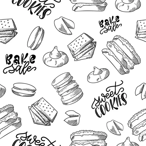 Cookie zökkenőmentes minta kézzel rajzolt stílusban. Sütőipari termék a háttérben. Élelmiszer-vektor illusztráció — Stock Vector