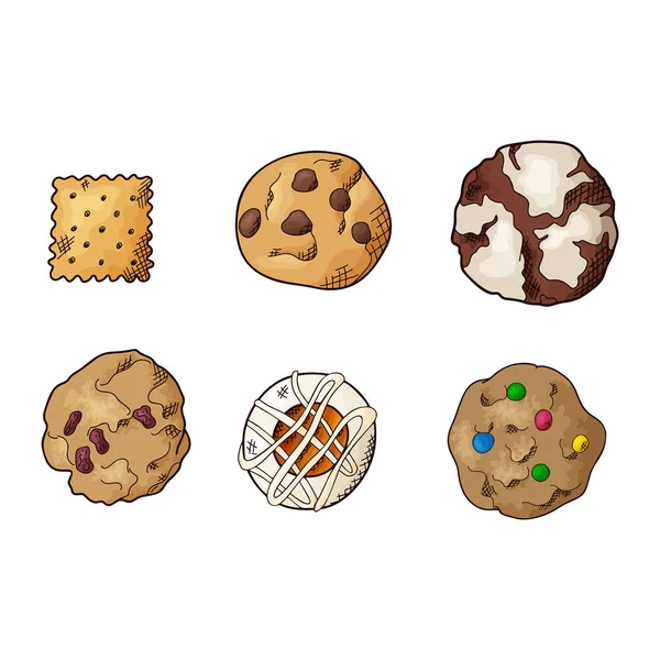 Conjunto de diferentes cookies sobre fundo branco isolado. Pastelaria tradicional. Ilustração vetorial —  Vetores de Stock