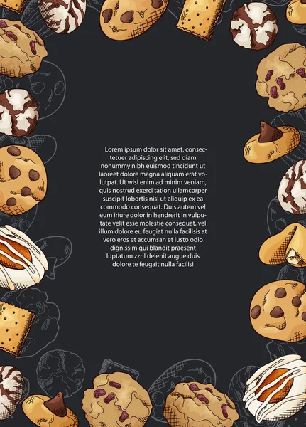 Dibujo gráfico de tinta. Galletas dulces. Texto en póster con producto de panadería. Ilustración vectorial — Vector de stock