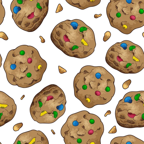 Naturlig mat sömlöst mönster. Skiss stil cookies på vit bakgrund. Olika söta och bakade element. Vektorillustration — Stock vektor