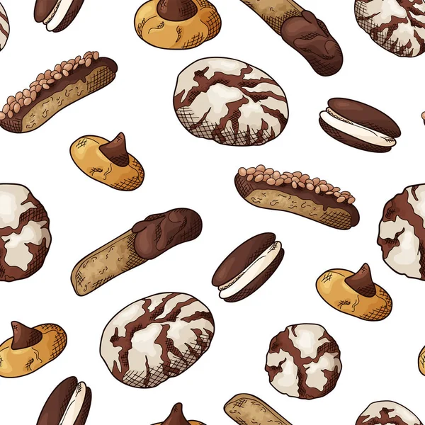 Természetes étel zökkenőmentes minta. Sketch stílusú cookie-k fehér háttérrel. Különböző édes és sült elemek. Vektorillusztráció — Stock Vector