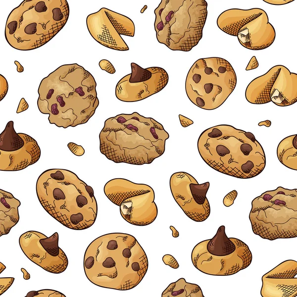Naturlig mat sömlöst mönster. Skiss stil cookies på vit bakgrund. Olika söta och bakade element. Vektorillustration — Stock vektor