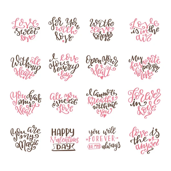 Set of hand drawn love quotes. Lettering about amour for poster, greeting card, banner. Calligraphy vector illustration — Stock Vector