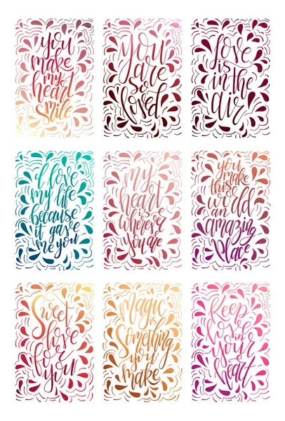 Set of hand drawn love quotes. Lettering about amour for poster, greeting card, banner. Calligraphy vector illustration — Stock Vector