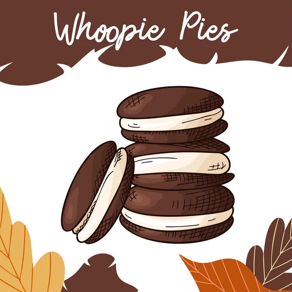 Ručně kreslené cookie v barvě na bílém pozadí. Whoopie koláče. Vynikající design jídla. Vektorová ilustrace — Stockový vektor