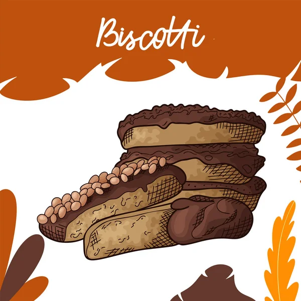 Galleta dibujada a mano en color sobre fondo blanco. Biscotti. Delicioso diseño de alimentos. Ilustración vectorial — Vector de stock