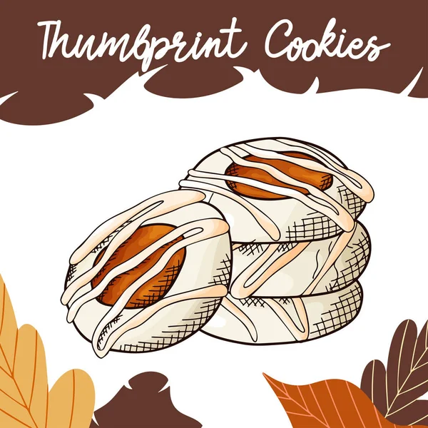 Handgezeichnetes Cookie in Farbe auf weißem Hintergrund. Thumbprint-Cookies. leckeres Essen Design. Vektorillustration — Stockvektor