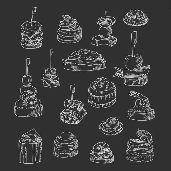 Ensemble d'éléments alimentaires pour doigts. Canape et appétits servis sur bâtonnets dans le style croquis. Modèle de service de restauration. Illustration vectorielle — Image vectorielle