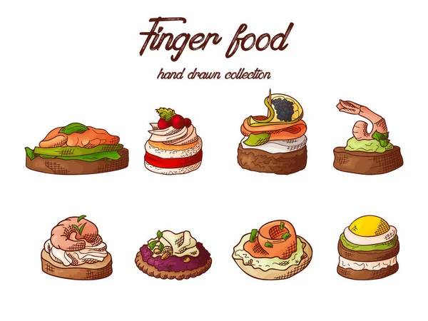 Set von Fingerfood-Elementen. Canape und Appetithäppchen, die in Sketch-Manier auf Stöcken serviert wurden. Catering-Service-Vorlage. Vektorillustration — Stockvektor