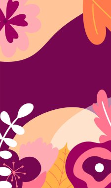 Sosyal medya hikayelerinin şablonu. Çiçek elementleriyle dolu bir manzara. Tasarım vektörü illüstrasyonu