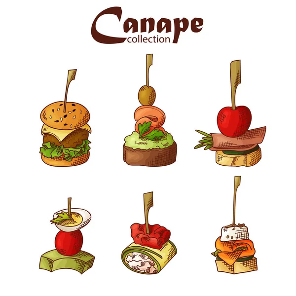 Conjunto de elementos de comida para dedos. Canapé y aperitivos servidos en palos en estilo boceto. Plantilla de servicio de catering. Ilustración vectorial — Vector de stock