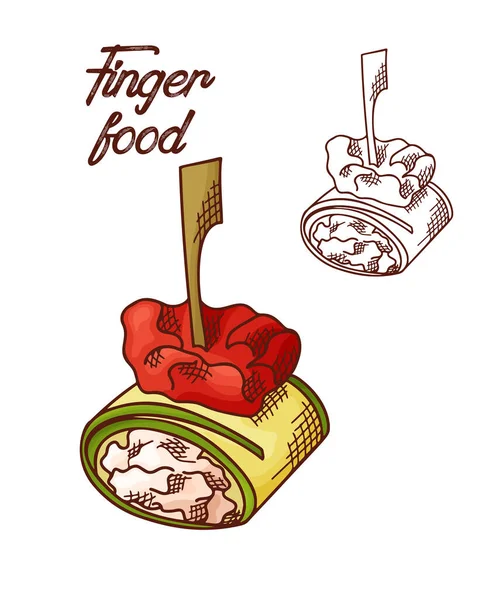 Elemento de comida dedo dibujado a mano. Aperitivos servidos en estilo de boceto. Bruchetta en fondo blanco aislado. Ilustración vectorial — Archivo Imágenes Vectoriales