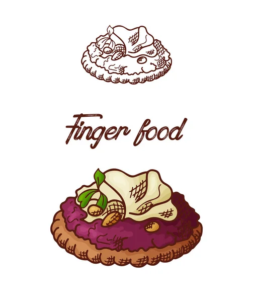 Elemento de comida dedo dibujado a mano. Aperitivos servidos en estilo de boceto. Bruchetta en fondo blanco aislado. Ilustración vectorial — Vector de stock