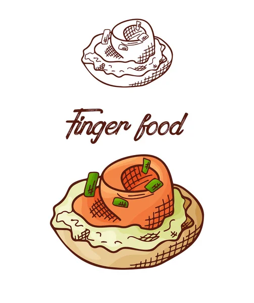 Elemento finger food disegnato a mano. Antipasti serviti in stile schizzo. Bruchetta in fondo bianco isolato. Illustrazione vettoriale — Vettoriale Stock