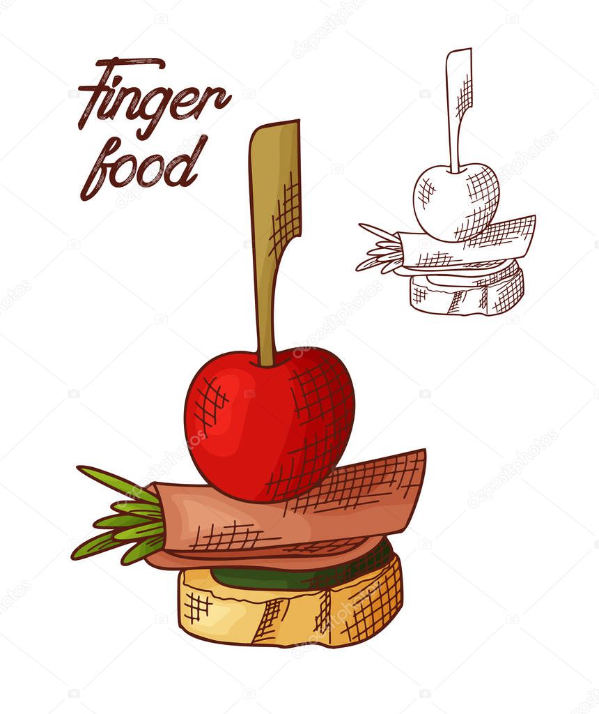 Hand drawn finger food element. Appetizers served in sketch style. Bruchetta in isolated white background. Vector illustration