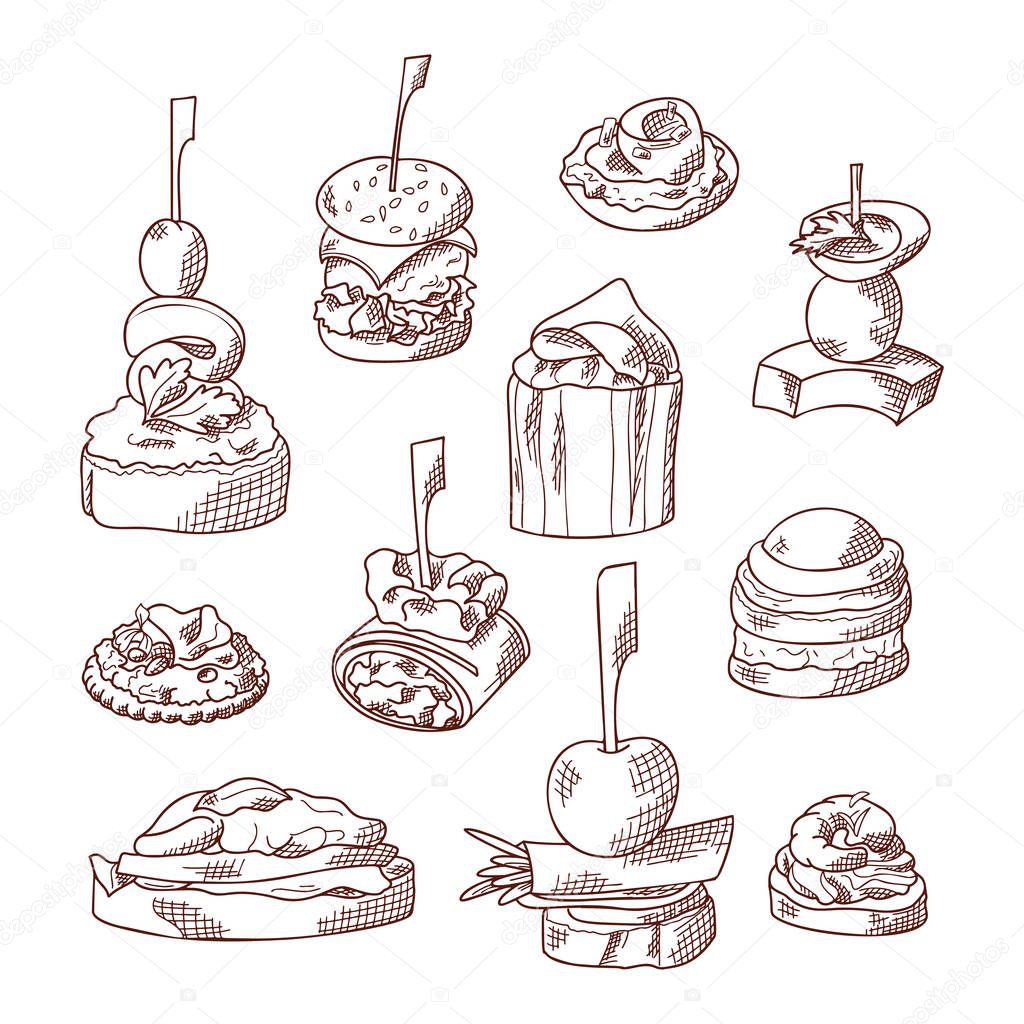 Set of finger food elements. Canape and appetizes served on sticks in sketch style. Catering service template. Vector illustration