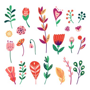 Paskalya tatlı tasarım elementleri. Çiçeklerle, yapraklarla dolu tatil geçmişi. Çocuksu vektör illüstrasyonu