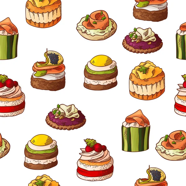 Naadloos patroon met vingervoer. Schets stijl herhaalde achtergrond. Bruschetta, broodje, hapjes en tapas. Vectorillustratie — Stockvector