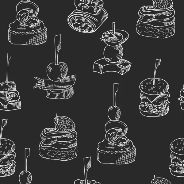 Безшовний візерунок з їжею для пальців. Стиль ескізу повторюваний фон. Брускетта, бутерброд, канапки і тапас. Векторні ілюстрації — стоковий вектор
